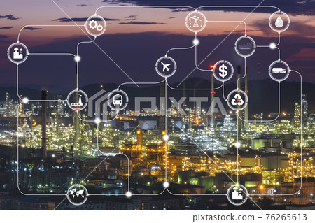 Double exposure of Industrial manufacturing and transportation field icons with Oil and gas industry plant background. Concept of variety industry technology and the economy grows Double exposure of Industrial manufacturing and transportation field icons with Oil and gas industry plant background. Concept of variety industry technology and the economy grows 76265613