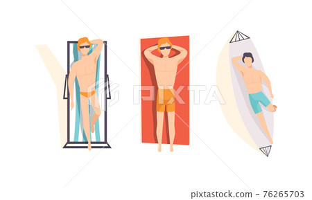 Top View of Young Men Sunbathing on the Beach Set, People Enjoying of Summer Holidays Flat Vector Illustration Top View of Young Men Sunbathing on the Beach Set, People Enjoying of Summer Holidays Flat Vector Illustration 76265703
