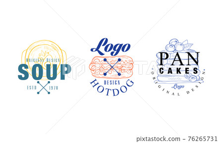 Food Logo Original Design Templates Set, Soup, Hot Dog, Pancakes Labels Vector Illustration 76265731