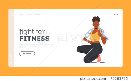 Happy Girl in Gym doing Fitness Landing Page Template. Black African Female Character Wearing Sports Clothes and Sneakers Sitting with Chain on Shoulders, Woman Workout. Cartoon Vector Illustration 76265755