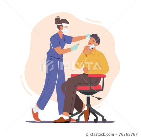 Nurse Take Covid Test from Male Character in Laboratory, Doctor Put Cotton Swab into Nose. Health Care Concept Nurse Take Covid Test from Male Character in Laboratory, Doctor Put Cotton Swab into Nose. Health Care Concept 76265767