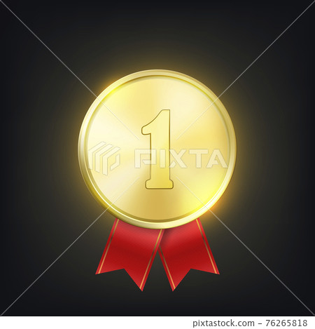 Vector 3d Realistic Golden Medal with Red Ribbon. Victory Concept. Glow First Place Badge Closeup on Dark Background. Front View Vector 3d Realistic Golden Medal with Red Ribbon. Victory Concept. Glow First Place Badge Closeup on Dark Background. Front View 76265818