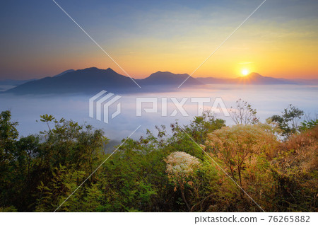 Misty landscape view from Phu Thok hill viewpoint, the famous viewpoint of Chiang Khan city in Loei province, Thailand Misty landscape view from Phu Thok hill viewpoint, the famous viewpoint of Chiang Khan city in Loei province, Thailand 76265882