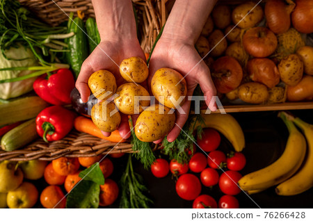 Organic vegetables. Farmers hands with freshly picked vegetables. Fresh organic potatoes. Fruits and vegetables market 76266428