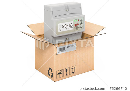 Electric meter inside cardboard box, delivery concept. 3D rendering 76266740