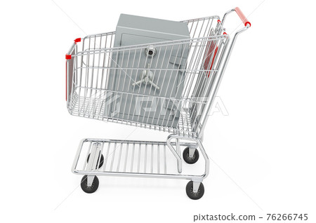 Shopping cart with safe box with combination lock, 3D rendering 76266745