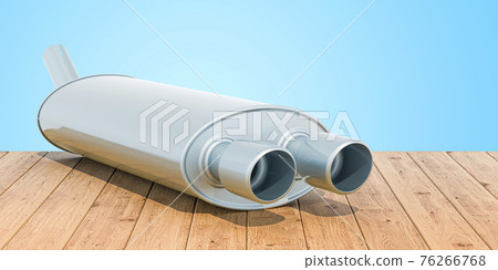 Car exhaust pipe on the wooden planks, 3D rendering Car exhaust pipe on the wooden planks, 3D rendering 76266768