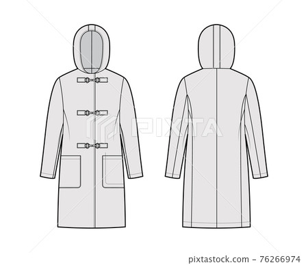 Clasp coat technical fashion illustration with long sleeves, hood, oversized body, patch pockets, knee length. Flat 76266974