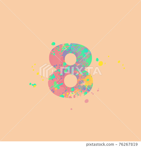 Number 8 with multicolored mixed spots of pink, yellow, blue, turquoise paint on peach background 76267819