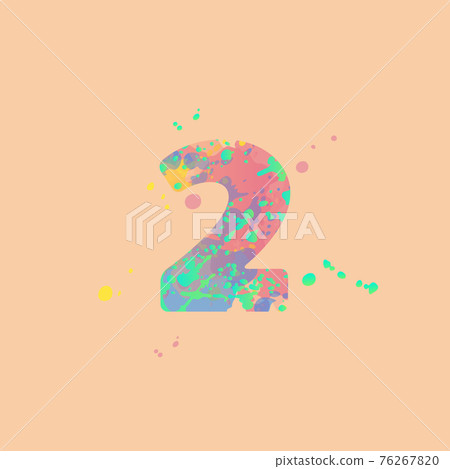 Number 2 with multicolored mixed spots of pink, yellow, blue, turquoise paint on peach background Number 2 with multicolored mixed spots of pink, yellow, blue, turquoise paint on peach background 76267820
