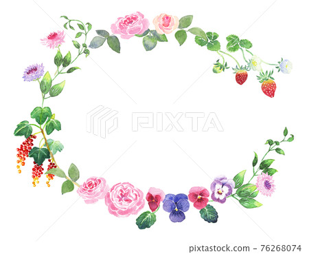<Watercolor> Oval wreath frame material 2 of enchanted forest bouquet (berries, pansies, roses, vines) 76268074