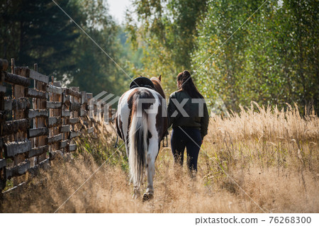 Walking a girl with a horse along the fence at the ranch in the fall Walking a girl with a horse along the fence at the ranch in the fall 76268300
