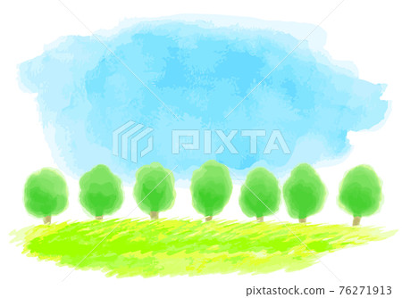 Watercolor illustration of sky, field and wood Watercolor illustration of sky, field and wood 76271913