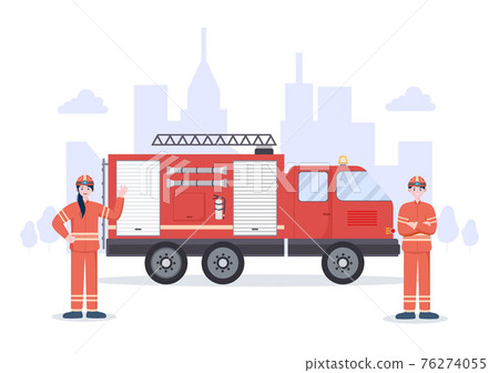 Firefighters With House Fire Engines, Helping People and Animal, Using Rescue Equipment in Various Situations. Vector Illustration 76274055