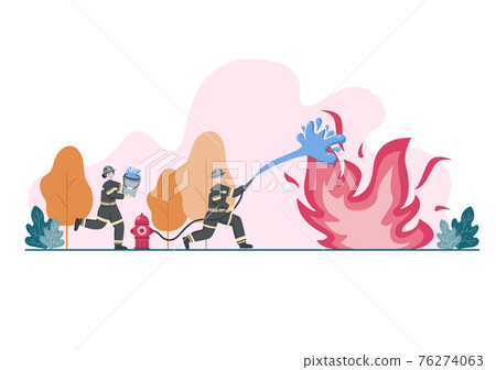 Firefighters With House Fire Engines, Helping People and Animal, Using Rescue Equipment in Various Situations. Vector Illustration 76274063