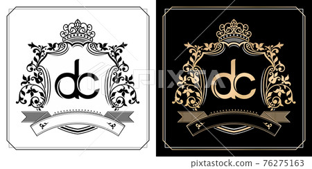 DC royal emblem with crown, initial letter and graphic name Frames Border of floral designs with two variation colors, set of gold framed labels with flowers for insignia, initial letter wedding name 76275163