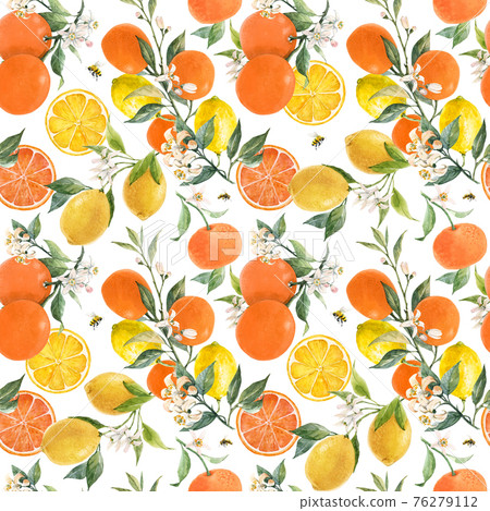Beautiful seamless pattern with watercolor hand drawn citrus orange lemon grapefruit fruits. Stock illustration. 76279112