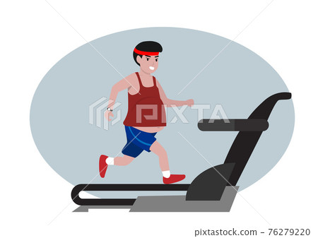 A young man doing cardio exercises on a treadmill Obese men lose weight. Healthy lifestyle. Vector illustration 76279220
