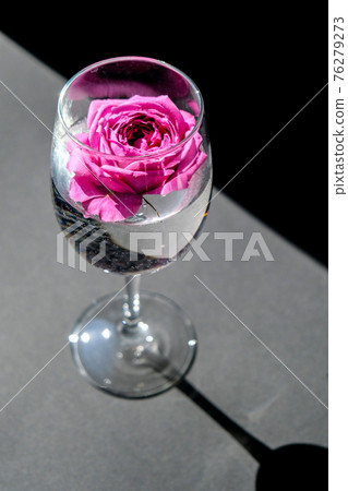 Wine glass filled with pink flower petalson table with black. Minimal modern still life. Holiday concept Valentines or womans day background design Wine glass filled with pink flower petalson table with black. Minimal modern still life. Holiday concept Valentines or womans day background design 76279273