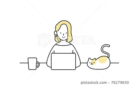 Illustration of a woman working remotely with a cat in her living room 76279630
