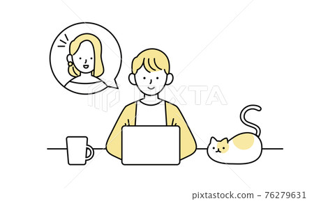 Illustration of a man having a remote work and video conference in his living room Illustration of a man having a remote work and video conference in his living room 76279631