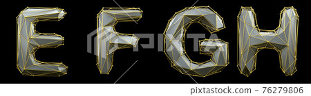 Letter set E, F, G, H made of realistic 3d render silver color. Collection of gold low polly style 76279806