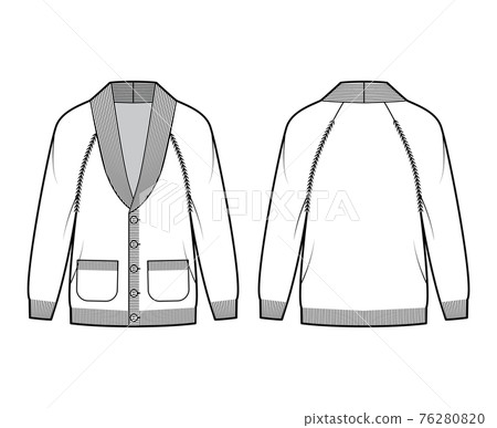 Cardigan Shawl collar Sweater technical fashion illustration with raglan sleeves, hip length, rib trim, button closure Cardigan Shawl collar Sweater technical fashion illustration with raglan sleeves, hip length, rib trim, button closure 76280820