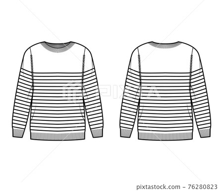 Sailor Sweater Striped Pullover technical fashion illustration with rib crew neck, long sleeves, hip length, knit cuff 76280823