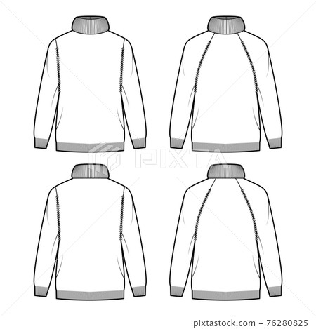 Set of Sweater Exaggerated Turtleneck technical fashion illustration with long raglan sleeves, oversized, hip length Set of Sweater Exaggerated Turtleneck technical fashion illustration with long raglan sleeves, oversized, hip length 76280825