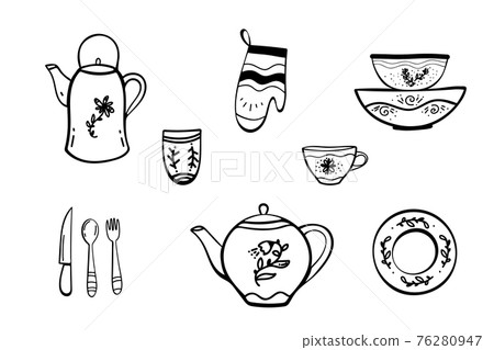 doodle set of Cook's tools and items set. Hand-drawn design elements. Vector illustration with items for cooking. knife, plates, cup, kettle, spoon black white doodle set of Cook's tools and items set. Hand-drawn design elements. Vector illustration with items for cooking. knife, plates, cup, kettle, spoon black white 76280947