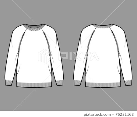 Sweater technical fashion illustration with rib crew neck, long raglan sleeves, oversized, thigh length, knit cuff trim Sweater technical fashion illustration with rib crew neck, long raglan sleeves, oversized, thigh length, knit cuff trim 76281168