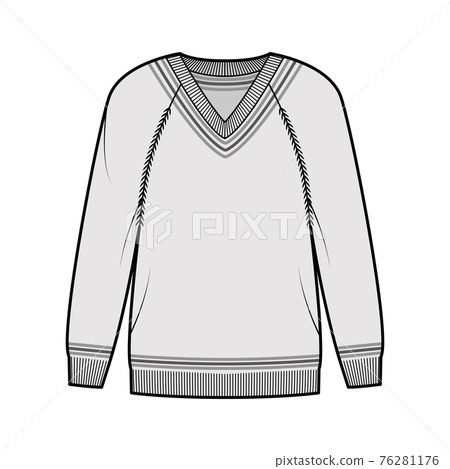 Cricket Sweater technical fashion illustration with stripes, rib V-neck, long raglan sleeves, hip length, knit cuff trim 76281176