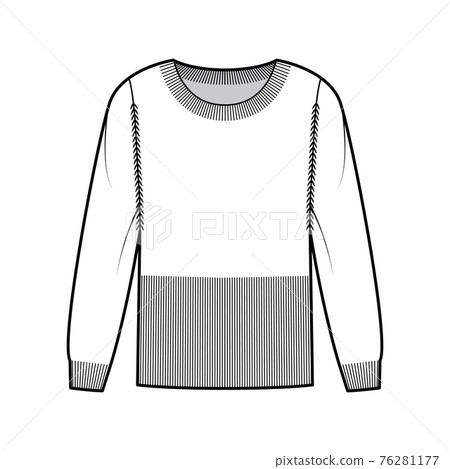 Waisted Sweater technical fashion illustration with rib round neck, long sleeves, fitted body, hip length, knit trim 76281177