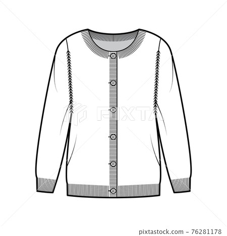 Round neck cardigan technical fashion illustration with button closure, long sleeves, oversized, hip length, knit trim 76281178