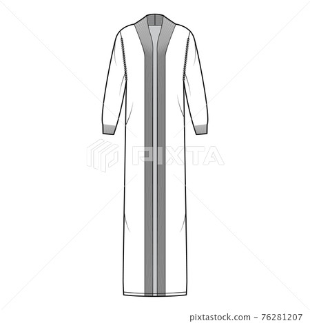 Maxi cardigan technical fashion illustration with rib shawl neck, long sleeves, oversized, floor length, knit trim. Flat Maxi cardigan technical fashion illustration with rib shawl neck, long sleeves, oversized, floor length, knit trim. Flat 76281207