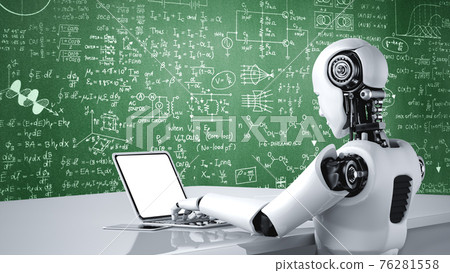 Robot humanoid use laptop and sit at table for engineering science studying 76281558