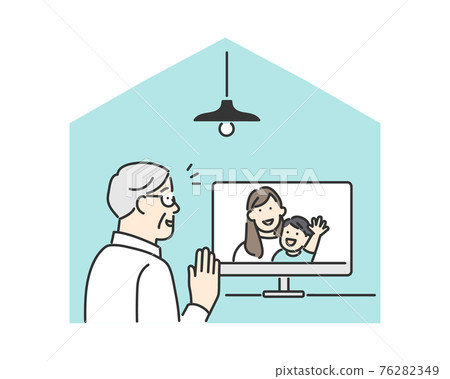 Image of an elderly man making a video call with a family living far away Image of an elderly man making a video call with a family living far away 76282349