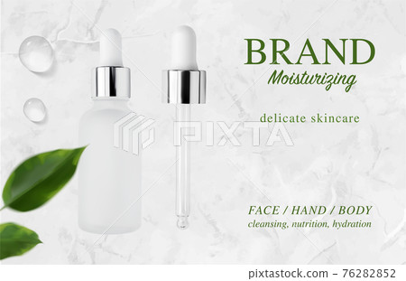 Serum glass bottle, pipette, essence drops and defocused leaves on luxury marble background 76282852