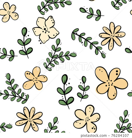Seamless background with leaves and flowers. Hand-drawn floral pattern. Spring background for design, vector. 76284107