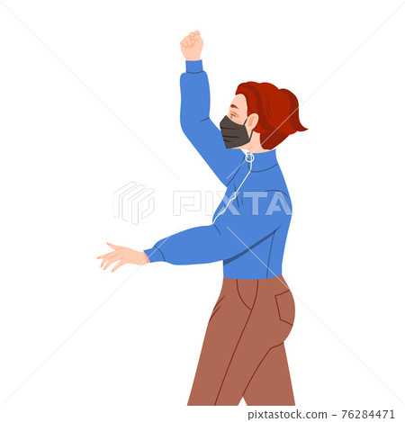 Young Woman in Face Mask Raising Her Hand Up Supporting Street Protest Against Human Rights Violation Vector Illustration 76284471