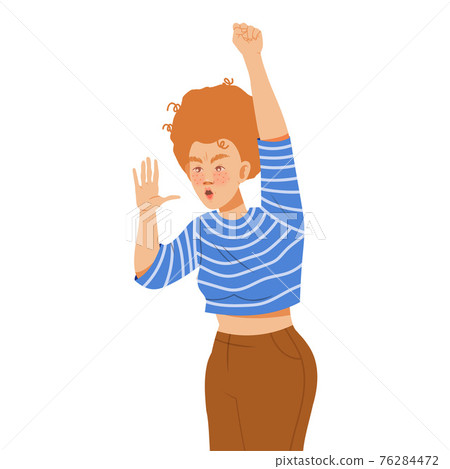 Young Woman Raising Her Hand Up Supporting Street Protest Against Human Rights Violation Vector Illustration Young Woman Raising Her Hand Up Supporting Street Protest Against Human Rights Violation Vector Illustration 76284472