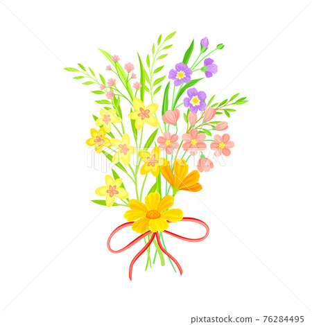 Blooming Flower Bunch Tied with Red Ribbon as Spring Vector Composition Blooming Flower Bunch Tied with Red Ribbon as Spring Vector Composition 76284495