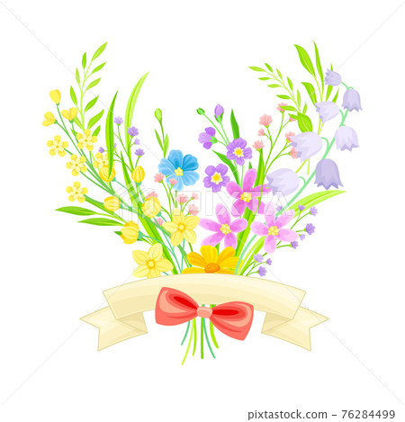 Blooming Flower Bunch with Ribbon and Bow as Spring Vector Composition 76284499
