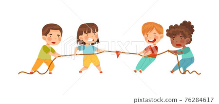 Little Boy and Girl Playing Tug of War or Rope Pulling Testing Strength Vector Illustration 76284617