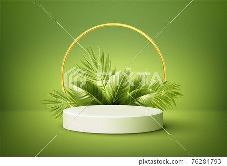 White product podium with green tropical palm leaves and golden round arch on green background. Background for product presentation. Vector illustration White product podium with green tropical palm leaves and golden round arch on green background. Background for product presentation. Vector illustration 76284793