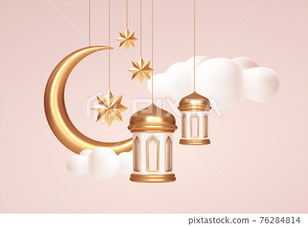 Eid Mubarak 3d realistic symbols of arab islamic holidays. Crescent moon, stars, lanterns. Vector illustration Eid Mubarak 3d realistic symbols of arab islamic holidays. Crescent moon, stars, lanterns. Vector illustration 76284814