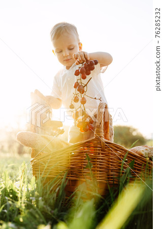 A child son takes fresh grapes from a picnic basket for a healthy breakfast in nature. A child son takes fresh grapes from a picnic basket for a healthy breakfast in nature. 76285232