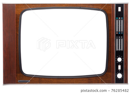 Vintage TV set front with cutout screen and controls isolated on white Vintage TV set front with cutout screen and controls isolated on white 76285482