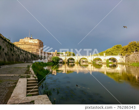 Castel Sant'Angelo and Bridge on river Tiber, Rome 76286343
