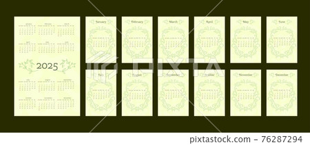2025 calendar in delicate natural trendy style decorated with botanical hand drawn branch leaves. set of 12 separated months. vertical format. light pastel green color. week starts on Sunday. 76287294